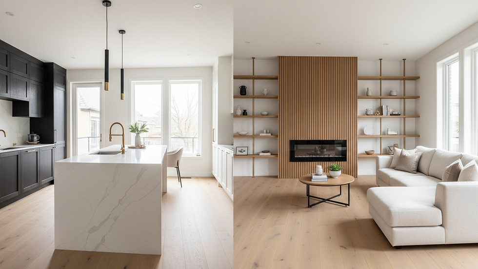 Wide angle view of open-concept living room and kitchen after remodeling
