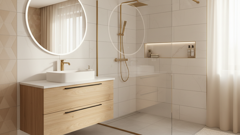 Close-up view of a newly remodeled bathroom with a glass shower and sleek fixtures