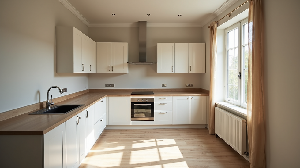 High angle view of a kitchen under renovation with new cabinets and flooring