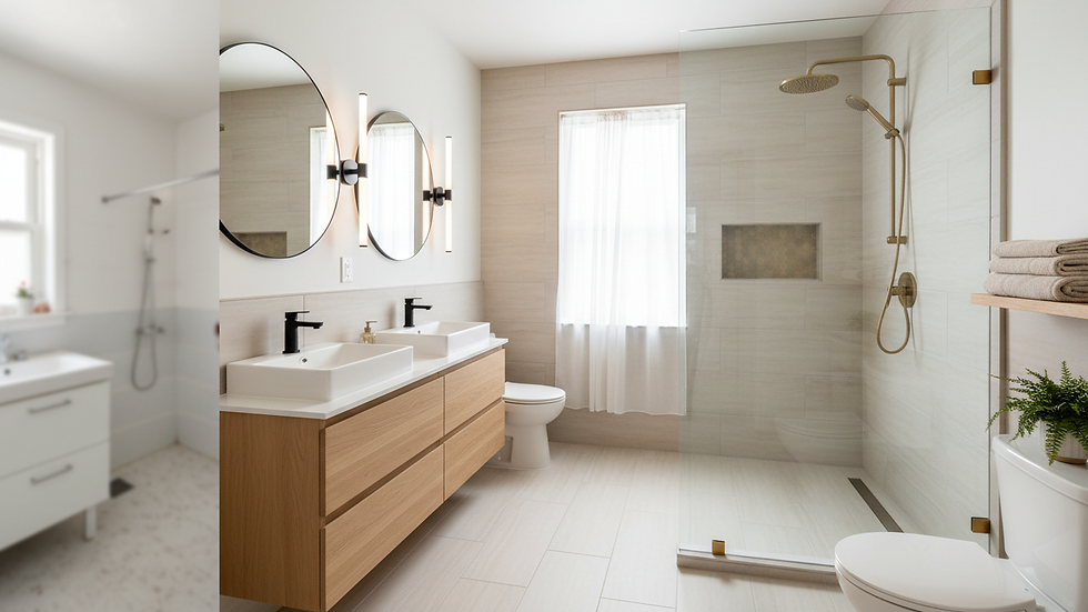 High angle view of a bathroom renovation with new tiles and fixtures