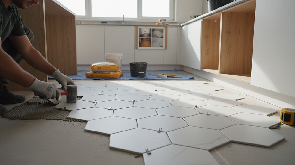 Close-up view of tile flooring installation in progress