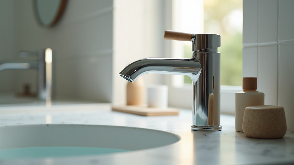 Close-up view of stylish bathroom fixtures and tiles