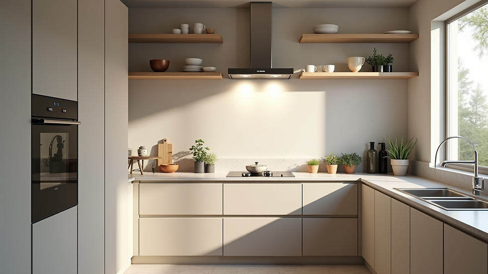 Eye-level view of modern kitchen with new cabinetry and countertops