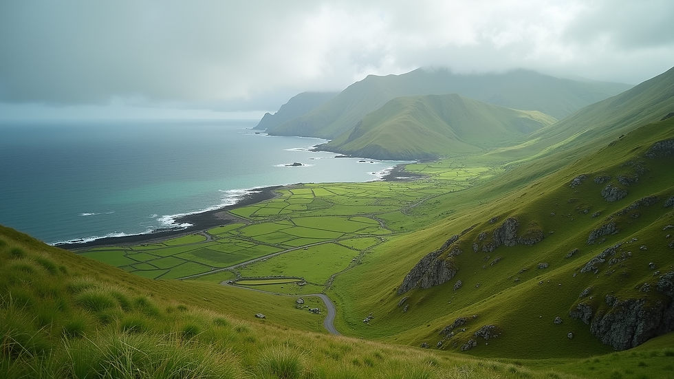 Wide angle view of the Ring of Kerry winding through green hills and coastline