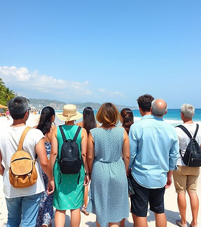 group of people traveling in luxury together. less crowded. Beautiful beach background. m