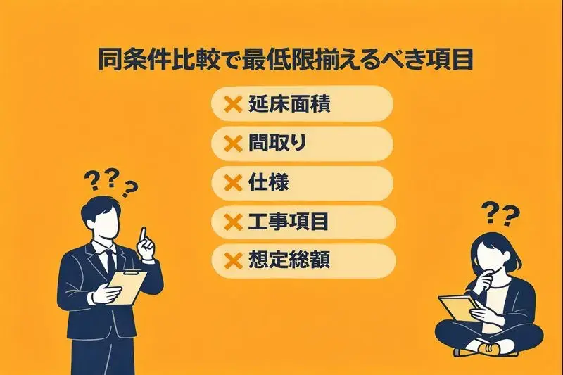 同条件比較で最低限揃えるべき項目