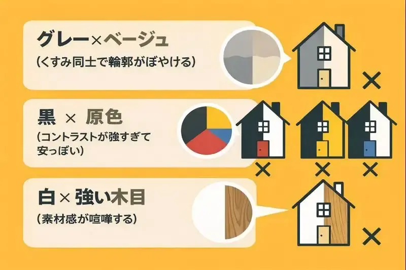 外壁ツートンでダサくなりやすい色の組み合わせ例