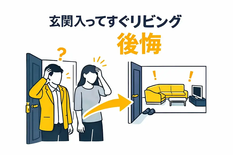 下記の内容で画像生成して テーマ:玄関入ってすぐリビングで後悔?住んでわかったメリットとデメリット 文字:玄関入ってすぐリビング 後悔 背景:絶対に透明 顔やイラストは白(表情はなし) ポイント:過去生成した画像と同じ構図やポーズなどは出力しないこと 人は有りでも無しでもどちらでもOK(表情はなし) オリジナリティーでアレンジ、個性のある感じを重視して作成 テーマをイメージできる画像を生成 色:アクセントでオレンジ(#FFC23D) サイズ:正方形