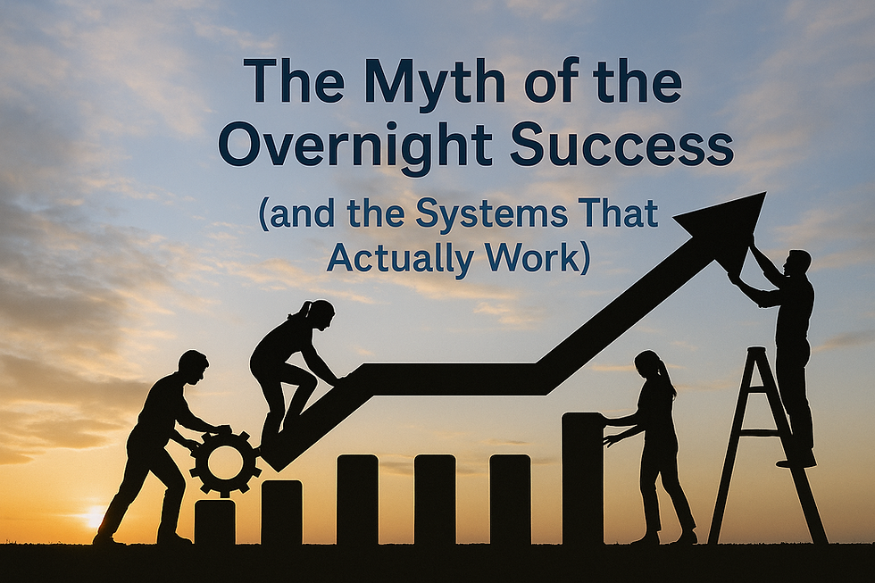 Silhouettes of people working together to lift a bar chart arrow. Text: The Myth of the Overnight Success. Sunset sky background.