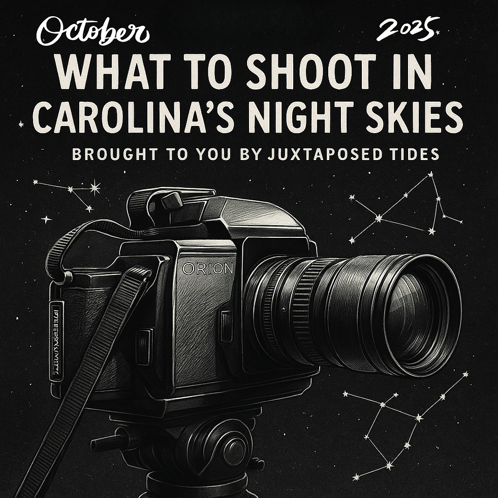 Retro camera illustration labeled "Orion" with constellations. Text reads "October 2025: What to Shoot in Carolina's Night Skies, Juxtaposed Tides."