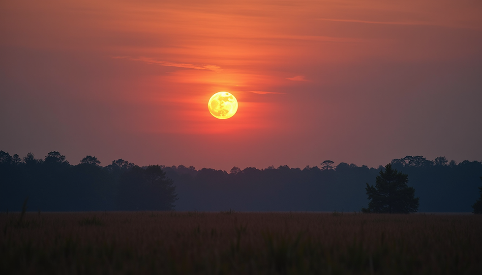 Eye-level view of the full moon rising above the eastern horizon over a calm landscape
