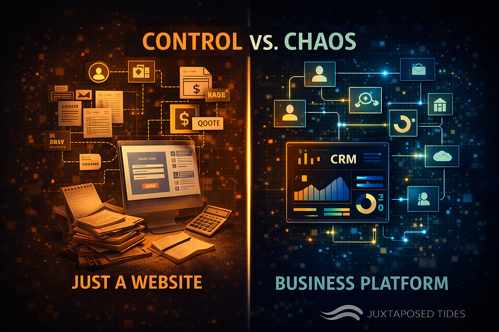 Split image: "Just a Website" chaos on left with papers and icons, "Business Platform" control on right with CRM and icons, contrasting orange/blue.