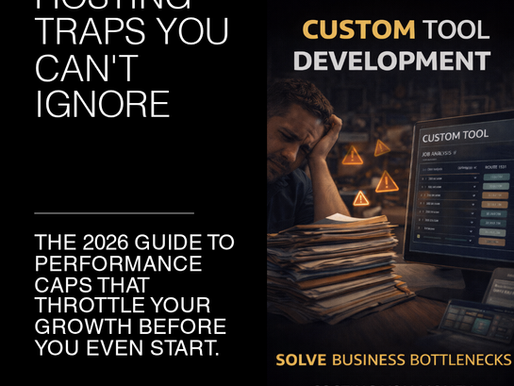Man overwhelmed by paperwork beside a computer screen showing "Custom Tool Development." Text: "Hosting Traps You Can't Ignore."