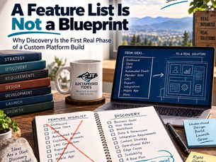 Marketing desk scene with laptop, notebook, mug, and books; text says A Feature List Is Not a Blueprint, Juxtaposed Tides.