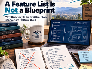 Marketing desk scene with laptop, notebook, mug, and books; text says A Feature List Is Not a Blueprint, Juxtaposed Tides.