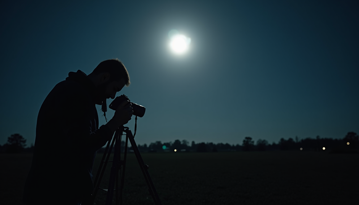 Wide angle view of a photographer setting up a camera tripod under a clear night sky with a bright full moon