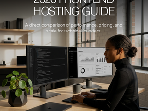 Woman at desk using dual monitors displaying code and charts. Text: "2026 Frontend Hosting Guide". Modern, bright office space.
