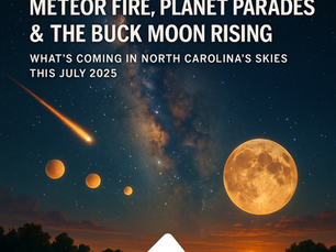 Meteor, planets, and Buck Moon over landscape. Text: What to shoot in NC skies July 2025, meteor fire, planet parades, Buck Moon rising. Juxtaposed Tides logo at the bottom