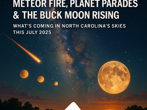 Meteor, planets, and Buck Moon over landscape. Text: What to shoot in NC skies July 2025, meteor fire, planet parades, Buck Moon rising. Juxtaposed Tides logo at the bottom