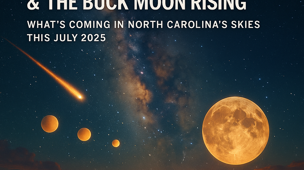 Meteor, planets, and Buck Moon over landscape. Text: What to shoot in NC skies July 2025, meteor fire, planet parades, Buck Moon rising. Juxtaposed Tides logo at the bottom