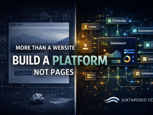 Split image: left shows a simple web page, right features a complex dashboard with charts. Text: "More than a website, build a platform." Juxtaposed Tides logo.