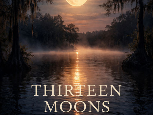 Full moon over a misty lake with cypress trees, reflecting in the water. Text reads "Thirteen Moons, A Carolina Night Skies Companion for 2026."