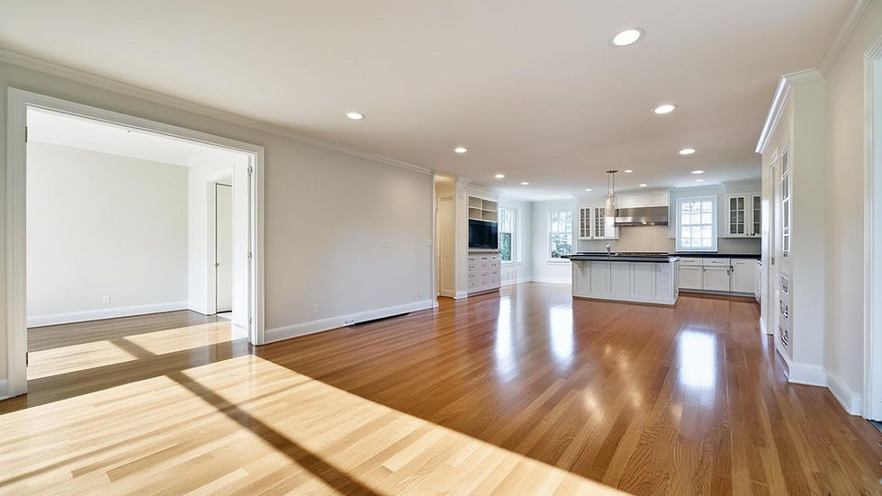 Spacious, sunlit kitchen with wooden floors, white cabinets, island, and black countertops. Open layout with large, bright windows.