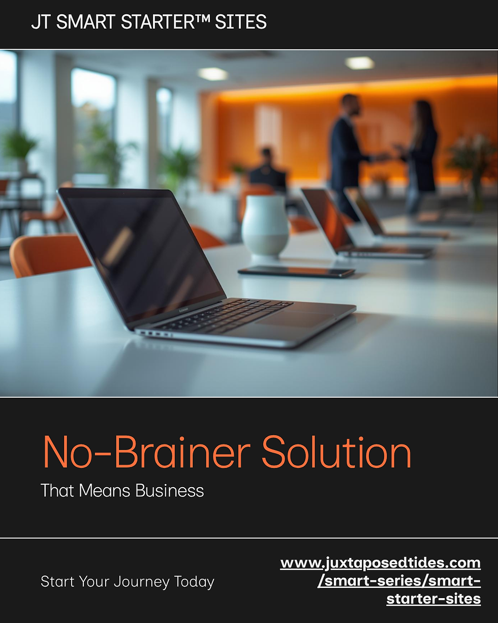 Laptop on table in modern office with two people blurred in background. Text: JT Smart Starter Sites, No-Brainer Solution. Orange accents.