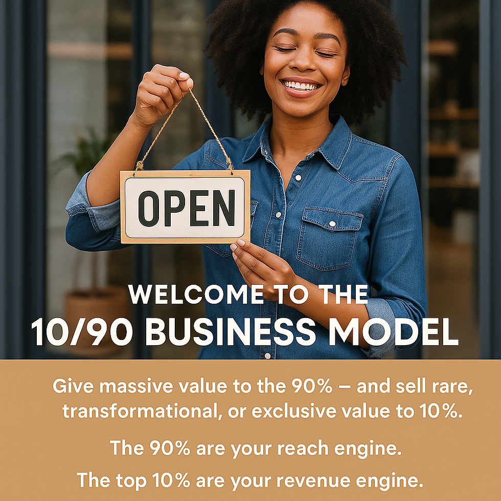 Smiling person holding an "OPEN" sign, wearing a denim shirt. Text reads "Welcome to the 10/90 Business Model" with business advice below.