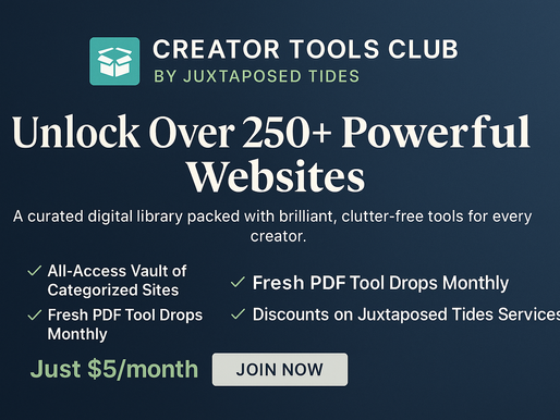 Creator Tools Club ad. Text promotes access to 250+ websites, $5/month. Features include fresh PDF tools, discounts. Dark blue background.