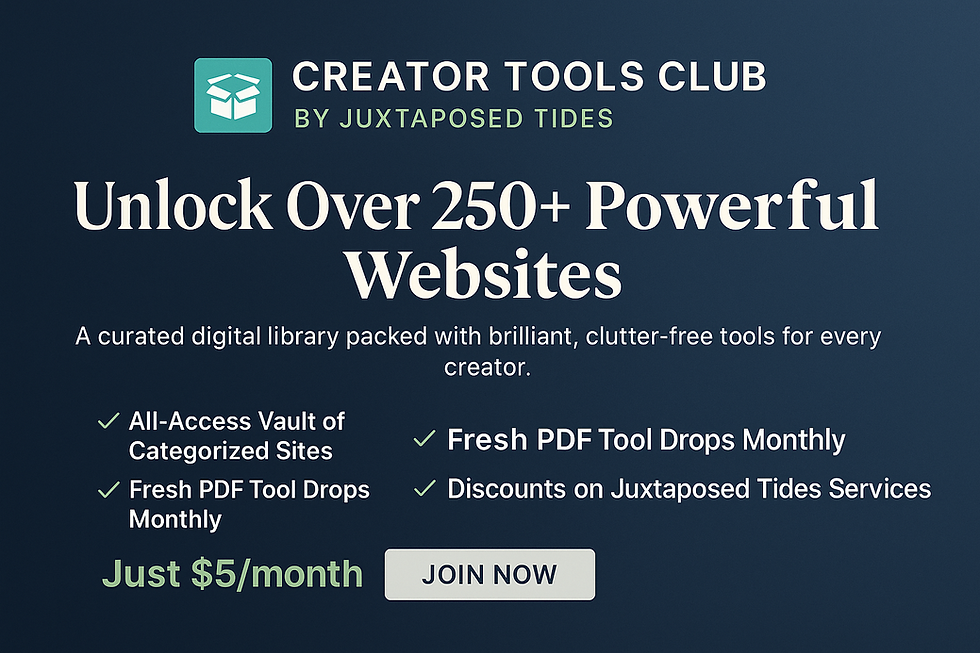 Creator Tools Club ad. Text promotes access to 250+ websites, $5/month. Features include fresh PDF tools, discounts. Dark blue background.