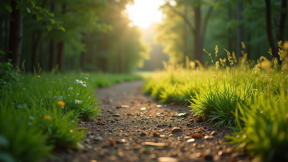 Eye-level view of a scenic hiking trail with lush greenery