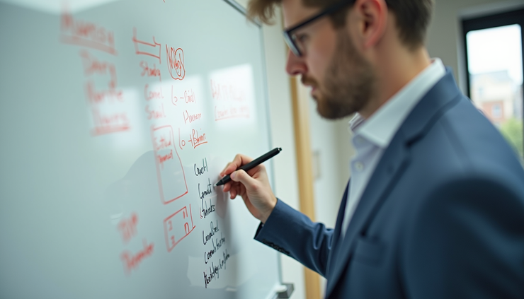 Close-up view of a focused entrepreneur writing goals on a whiteboard