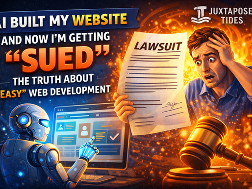 Man shocked by lawsuit near gavel, AI robot at computer. Text: "AI BUILT MY WEBSITE... 'SUED'. THE TRUTH ABOUT 'EASY' WEB DEVELOPMENT."