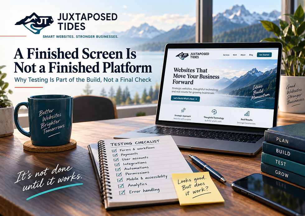 Desk with laptop showing Juxtaposed Tides website, testing checklist notebook, mug, sticky note, and books in a bright mountain-view office.