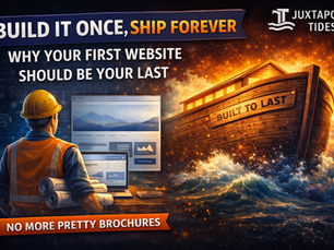 Worker in hard hat looks at website design with glowing ark labeled "Built to Last" on stormy sea. Text: "Build It Once, Ship Forever."