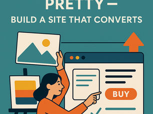 Woman pointing at a computer screen with a "BUY" button. Text: "Stop Chasing Pretty—Build a Site That Converts." Teal background, modern design.