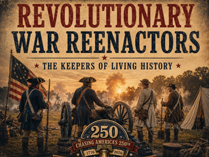 Vintage poster of Revolutionary War reenactors at sunset with cannon and American flag, reading JuxtaposedTides.com and Chasing America’s 250th