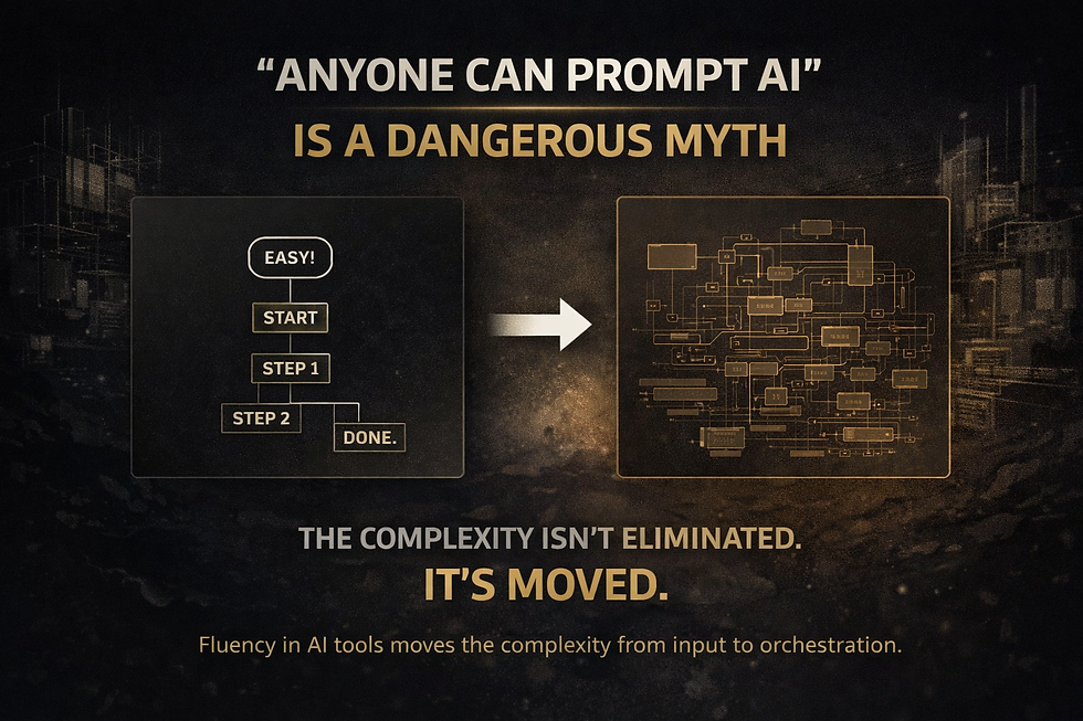 Diagram contrasts simple steps with a complex flowchart, highlighting AI complexity. Text: "ANYONE CAN PROMPT AI IS A DANGEROUS MYTH."