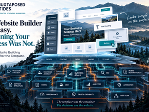 Juxtaposed Tides website builder promo over mountains, showing drag-and-drop editor and text like The Website Builder Was Easy.