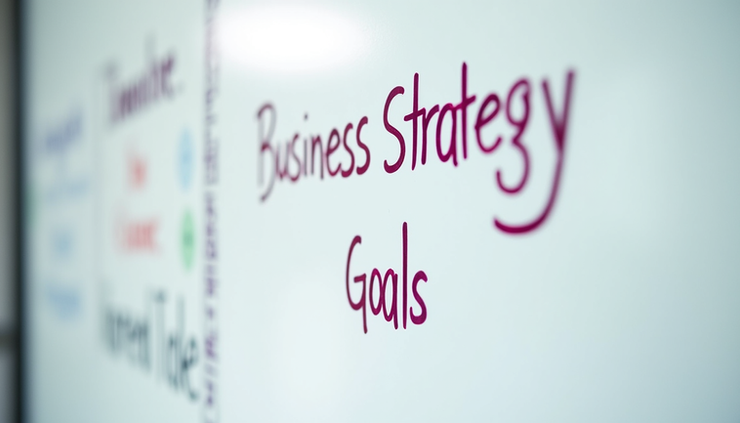 Close-up view of a whiteboard with a clear business strategy diagram and goals