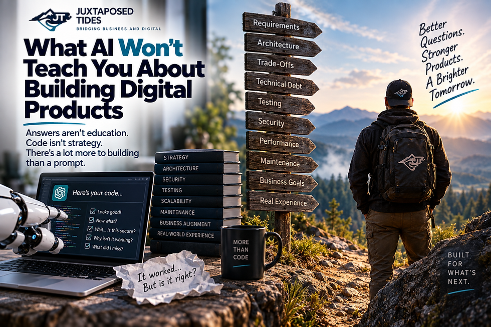 Poster with bold text What AI Won’t Teach You About Building Digital Products, a hiker, laptop, and signposts at sunrise