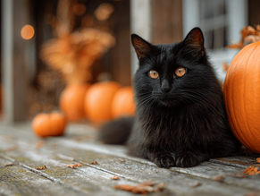 Black cat sitting next to pumpkins