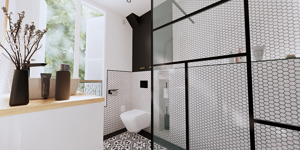Salle de bain rénovée à Colombes dans une palette noir et blanc, aménagement contemporain et fonctionnel conçu par une architecte d’intérieur.