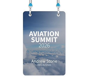 Custom event badges designed for airport conferences with attendee information and branding