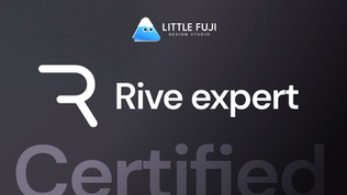 Blue triangle logo above text "Rive expert Certified" and "Little Fuji Design Studio" on dark background, modern and professional.