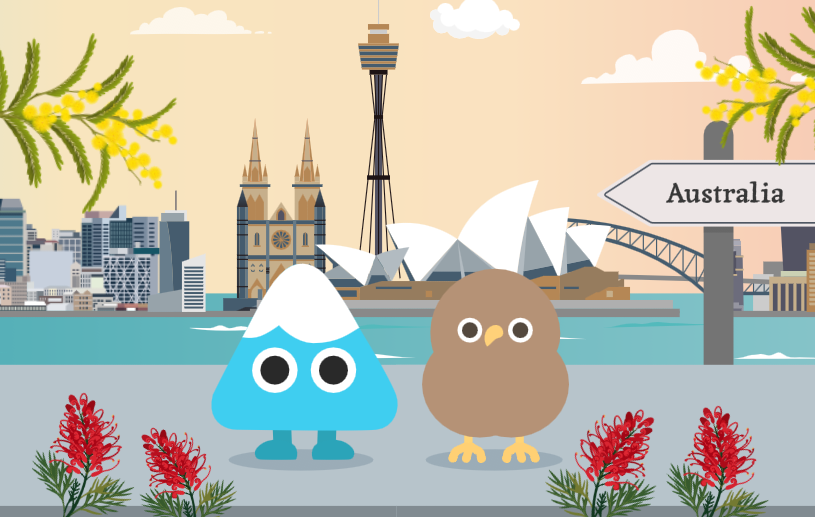 シドニーの街並みを背景に並ぶ、LITTLE FUJIのキャラクター「FUJI」と「キウイ」。周囲にはオーストラリアの植物が描かれ、右側に「Australia」と書かれた標識がある。