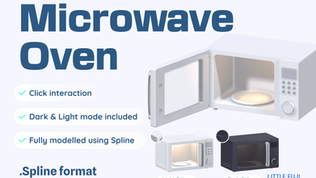 3D models of a microwave in light and dark modes, open door, Spline format. Text highlights click interaction and design features.