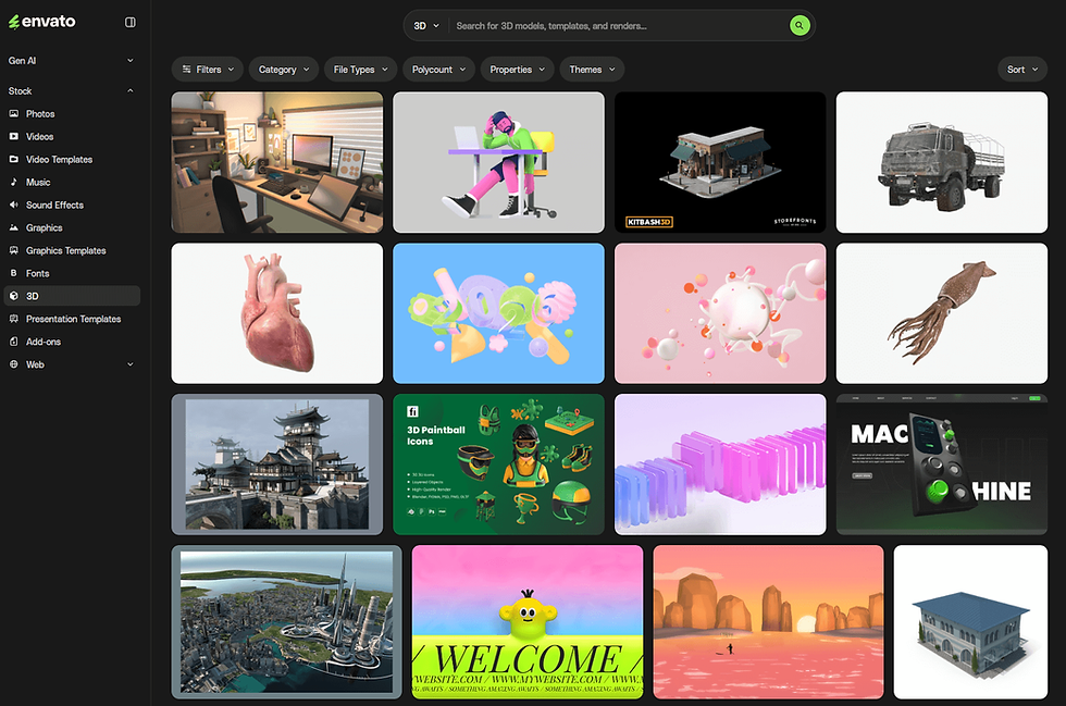 Website displaying various 3D models and templates, including a heart, squid, colorful abstract shapes, and buildings, under a dark theme.