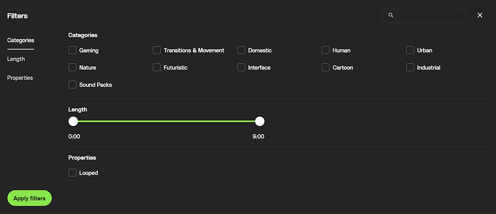 UI with filter options for categories like Gaming, Nature, and more. A length slider from 0:00 to 9:00 and an "Apply filters" button. Dark theme.